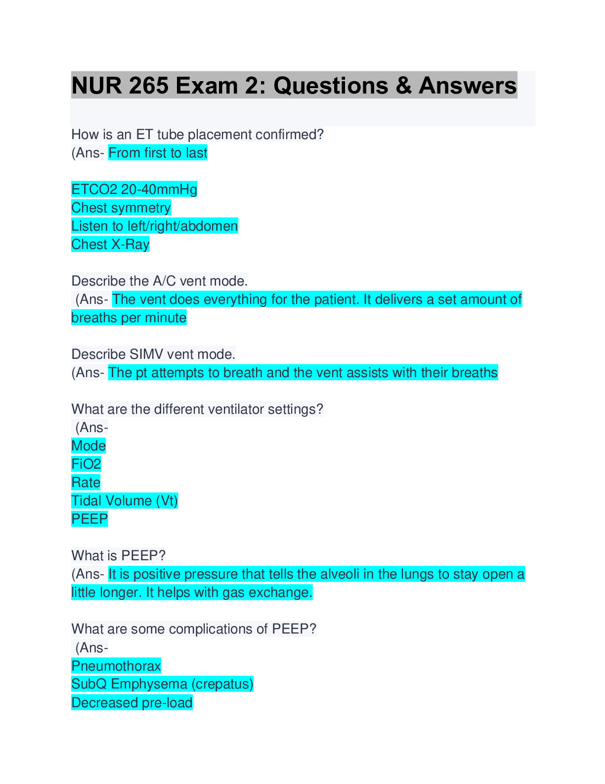 Preview image for NUR 265 Exam 2/63 Questions and Answers.
